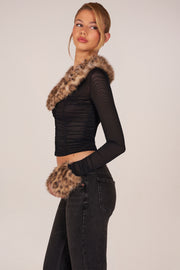 Oh Polly Lola Cardigan Mesh Noir Fourrure Léopard