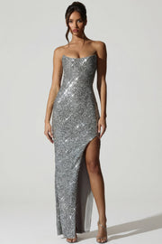 Oh Polly Embellished Kaleena robe corset argent sequins fente