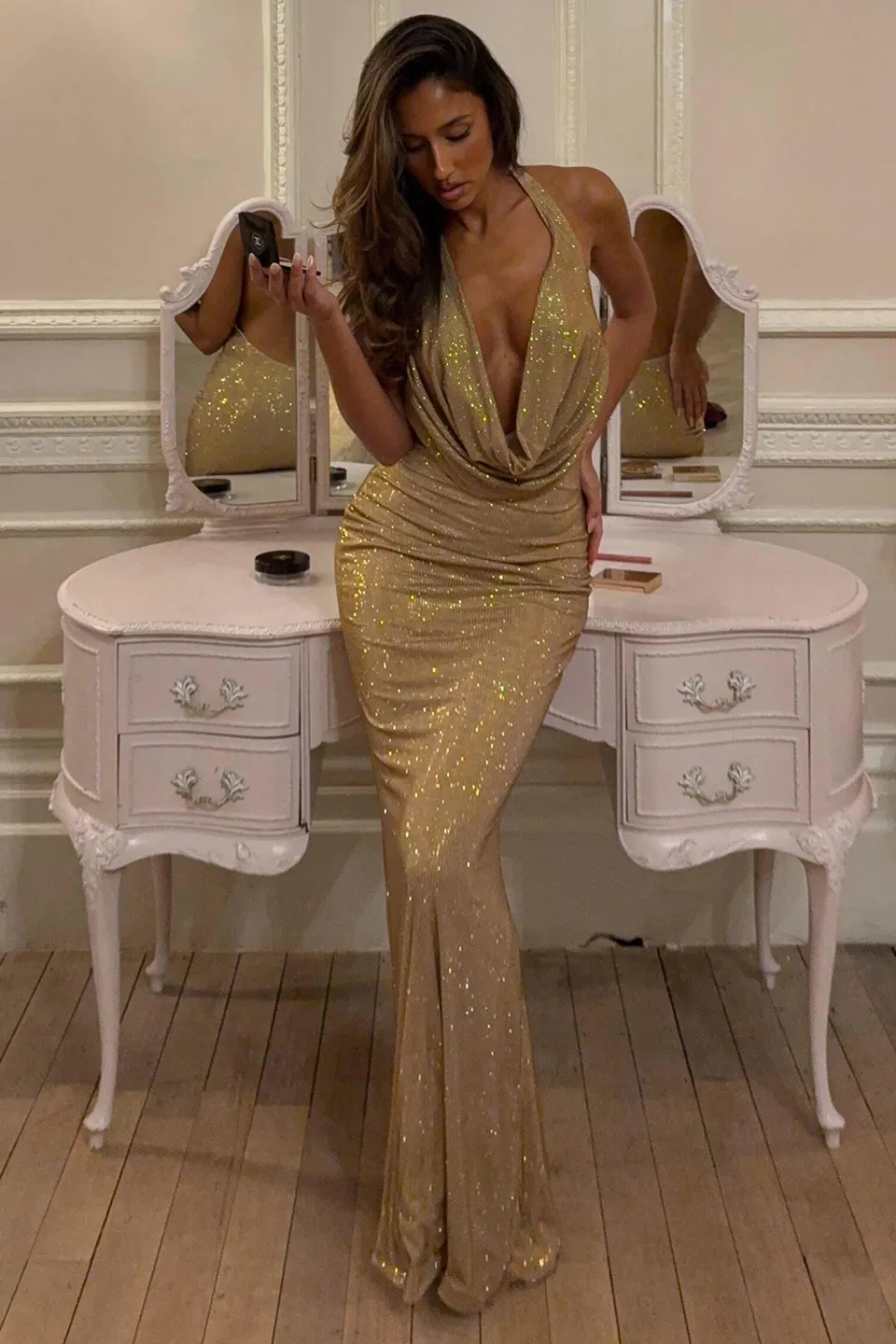 Oh Polly 15493 Robe Longue Femme Dorée Strass Dos Nu