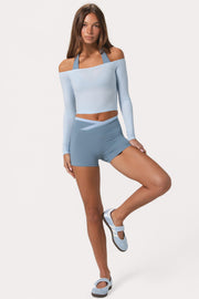 Oh Polly Soft Top Épaules Dénudées Bleu Poudre Jersey