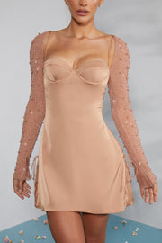Oh Polly Embellished Geneva 6717 robe mini beige satin strass