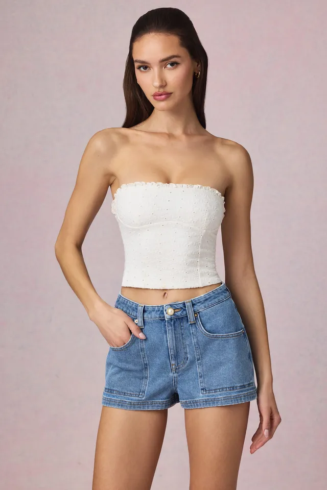 Oh Polly Beata short en jean bleu taille haute coton