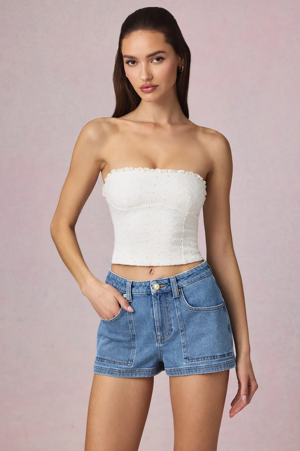 Oh Polly Beata short en jean bleu taille haute coton