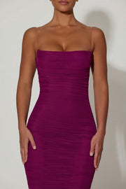 Oh Polly Dresses Alondra robe bodycon midaxi prune ruchée