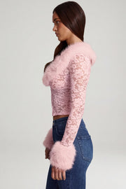 Oh Polly Noemy Sheer Lace Cardigan dentelle rose col fourrure court