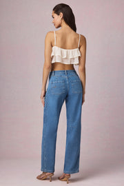 Oh Polly 13841 jean barrel bleu taille mi-haute coton