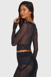 Oh Polly Knitwear Valeria gilet crop noir dentelle mesh