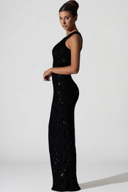 Oh Polly Embellished Persephone robe longue noire sequins fendue