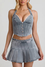 Oh Polly Laika 1366 mini jupe jean bleu clair plissée