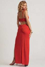 Oh Polly Imara robe maxi rouge piment asymétrique fente
