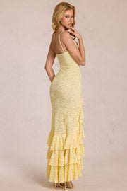 Oh Polly Dresses Celira 16130 robe maxi jaune dentelle fente volants