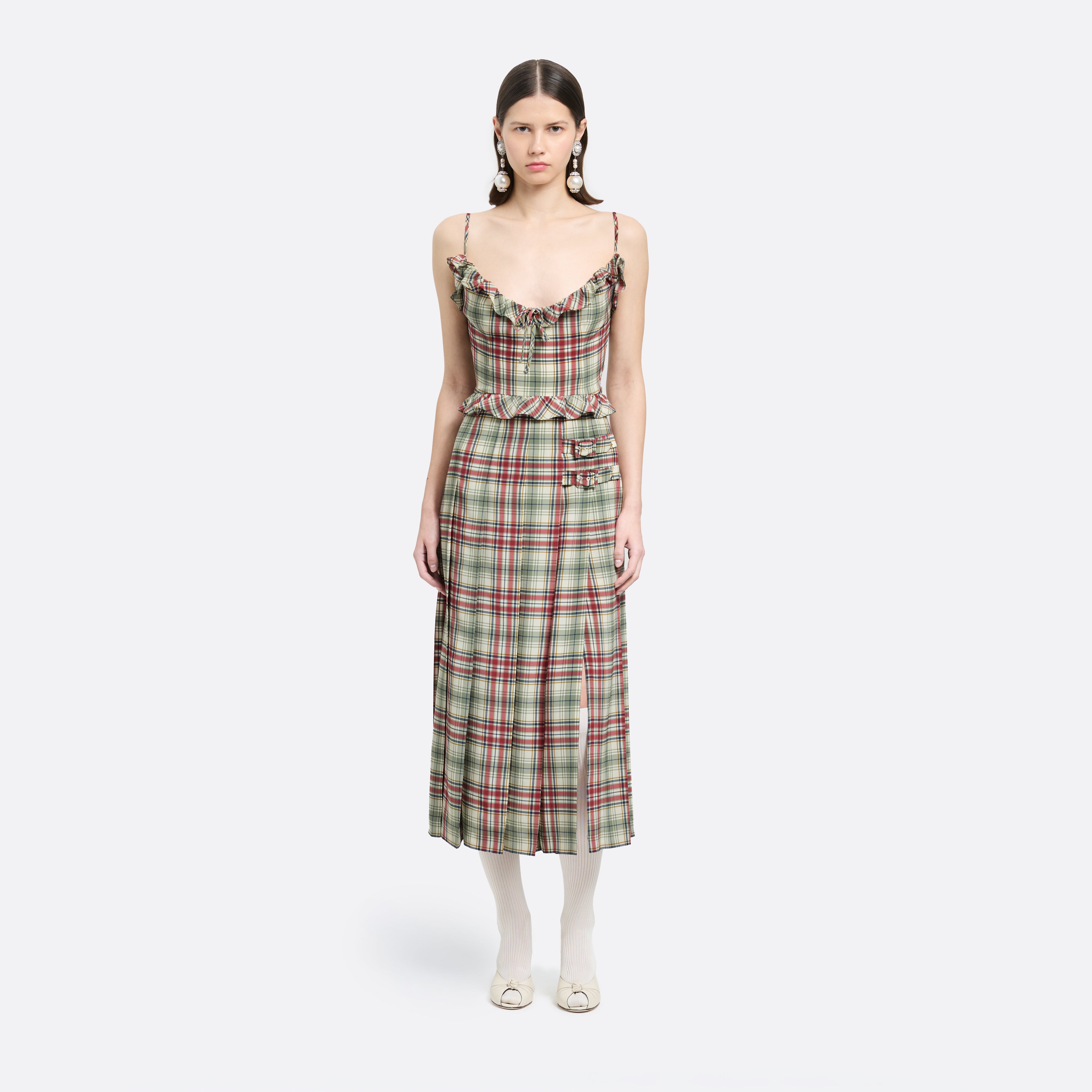 Alessandra Rich robe midi soie tartan vert rouge 36