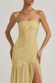 Oh Polly Kerra robe maxi jaune strass asymétrique
