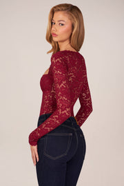Oh Polly Bodysuits Body Letizia Bordeaux Dentelle Col Carré