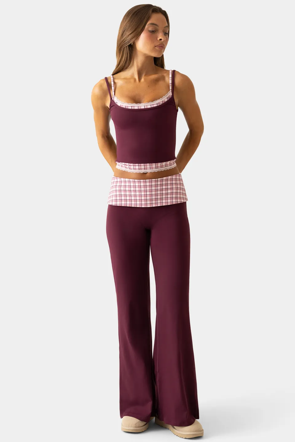 Oh Polly Bo+Tee pantalon large sport prune taille basse