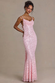Oh Polly Embellished robe maxi rose bébé sequins traîne