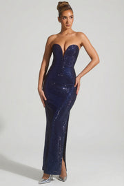 Oh Polly Lucile robe bustier strass bleu marine fendue