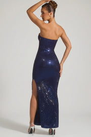 Oh Polly Lucile robe bustier strass bleu marine fendue