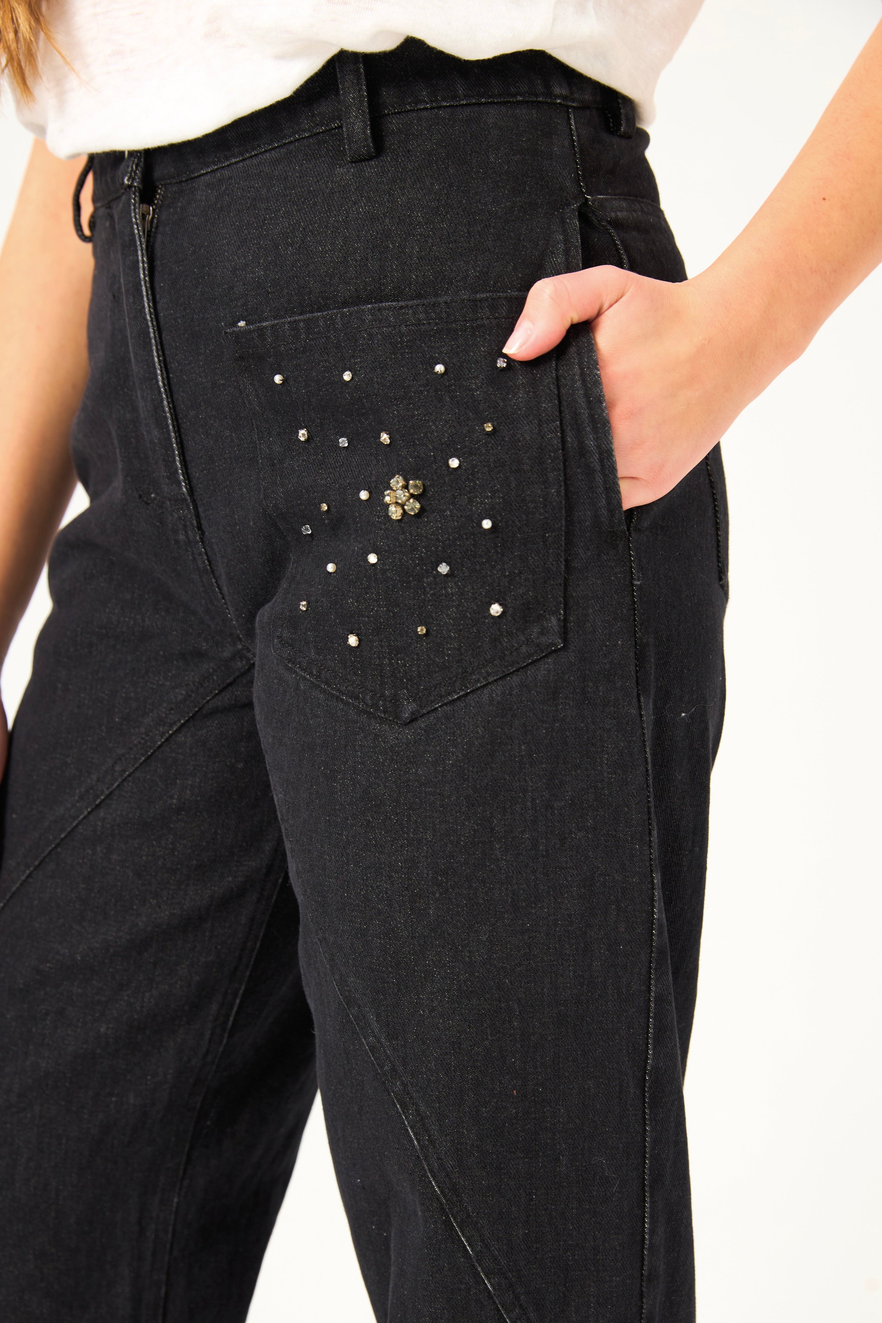 Chicosoleil Hitomi jean wide leg noir coton broderies