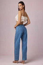 Oh Polly 13841 jean barrel bleu taille mi-haute coton
