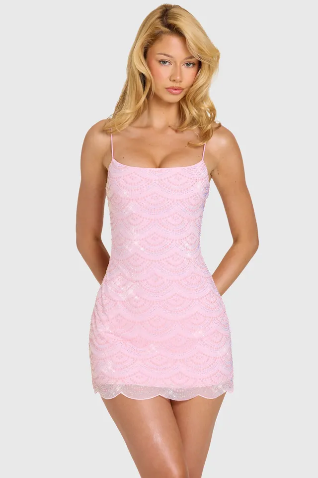 Oh Polly Embellished Auri 15704 mini robe rose bonbon perles