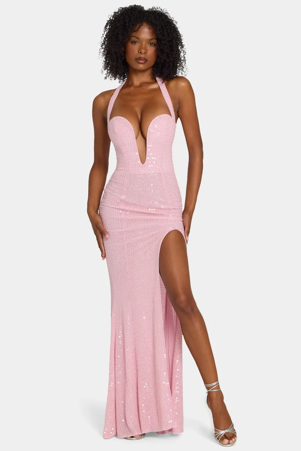 Oh Polly Embellished Sansel robe longue rose sequins