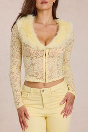 Oh Polly Solaya Cardigan dentelle jaune citron fourrure