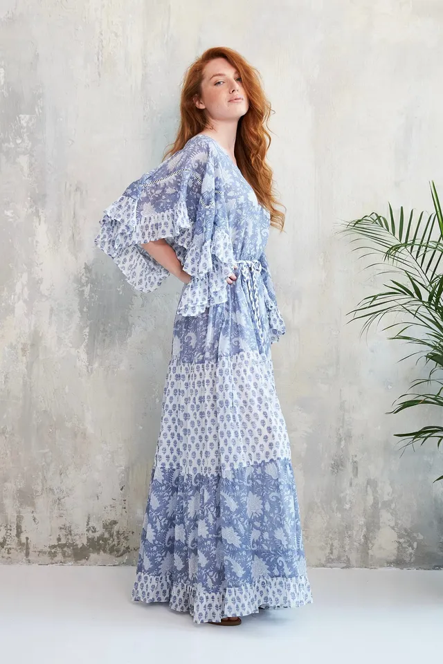 Chicosoleil Robe Kalyani bleue longue bohème coton