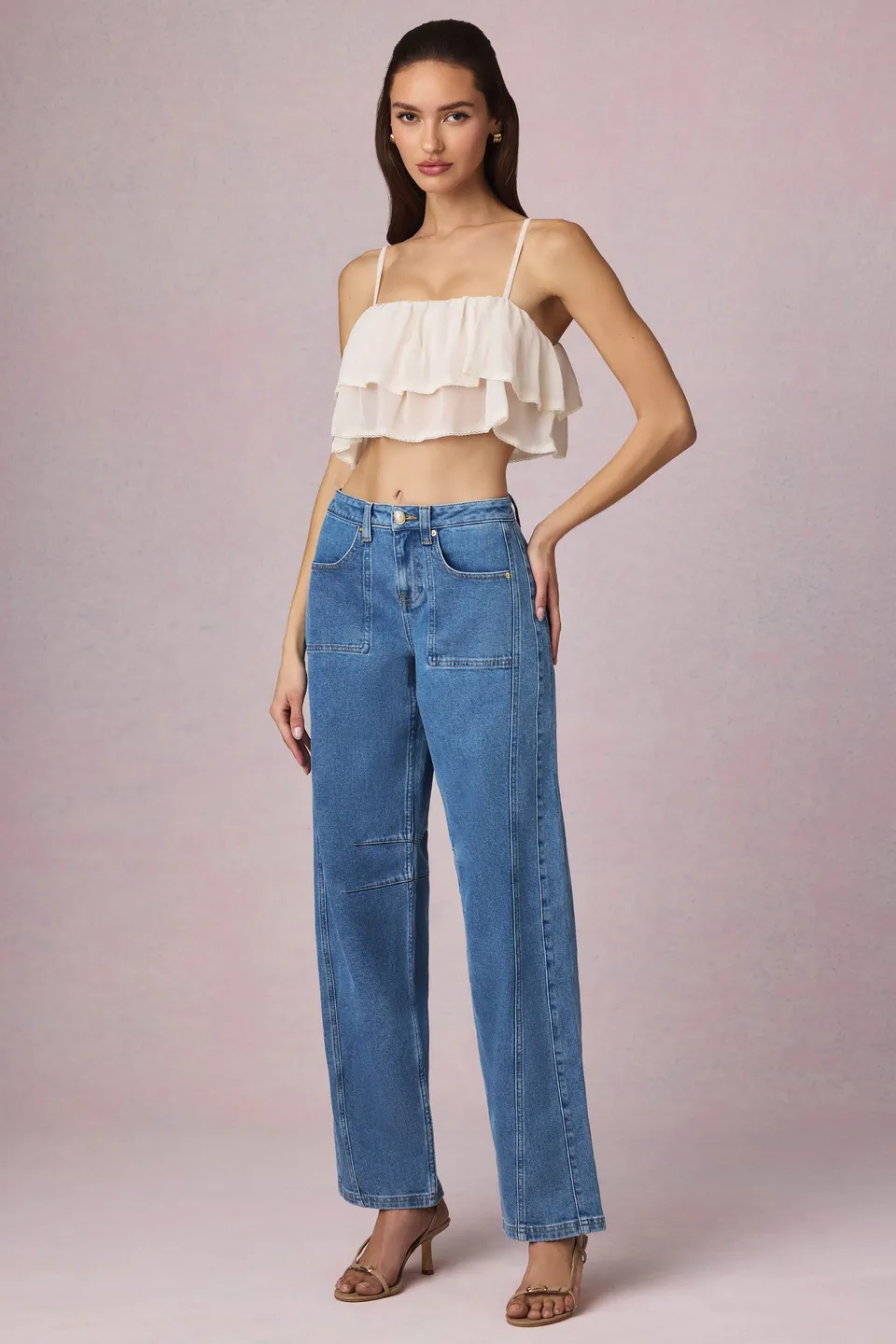 Oh Polly 13841 jean barrel bleu taille mi-haute coton
