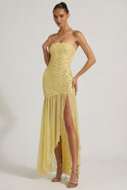 Oh Polly Kerra robe maxi jaune strass asymétrique
