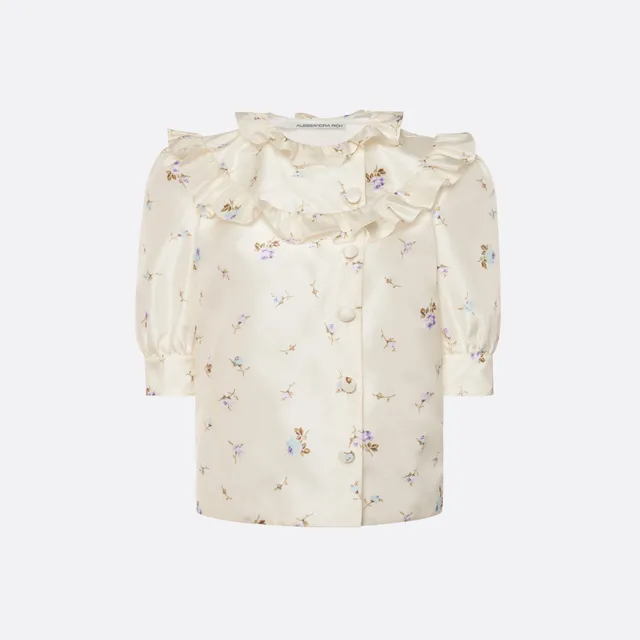 Alessandra Rich Blouse soie taffetas fleurie blanc multi