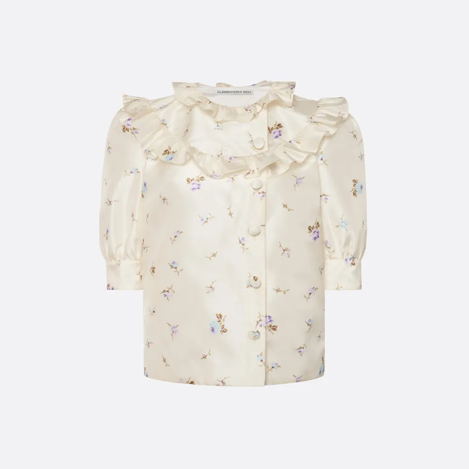 Alessandra Rich Blouse soie taffetas fleurie blanc multi