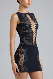 Oh Polly Joni mini jupe noire mi-taille strass dentelle