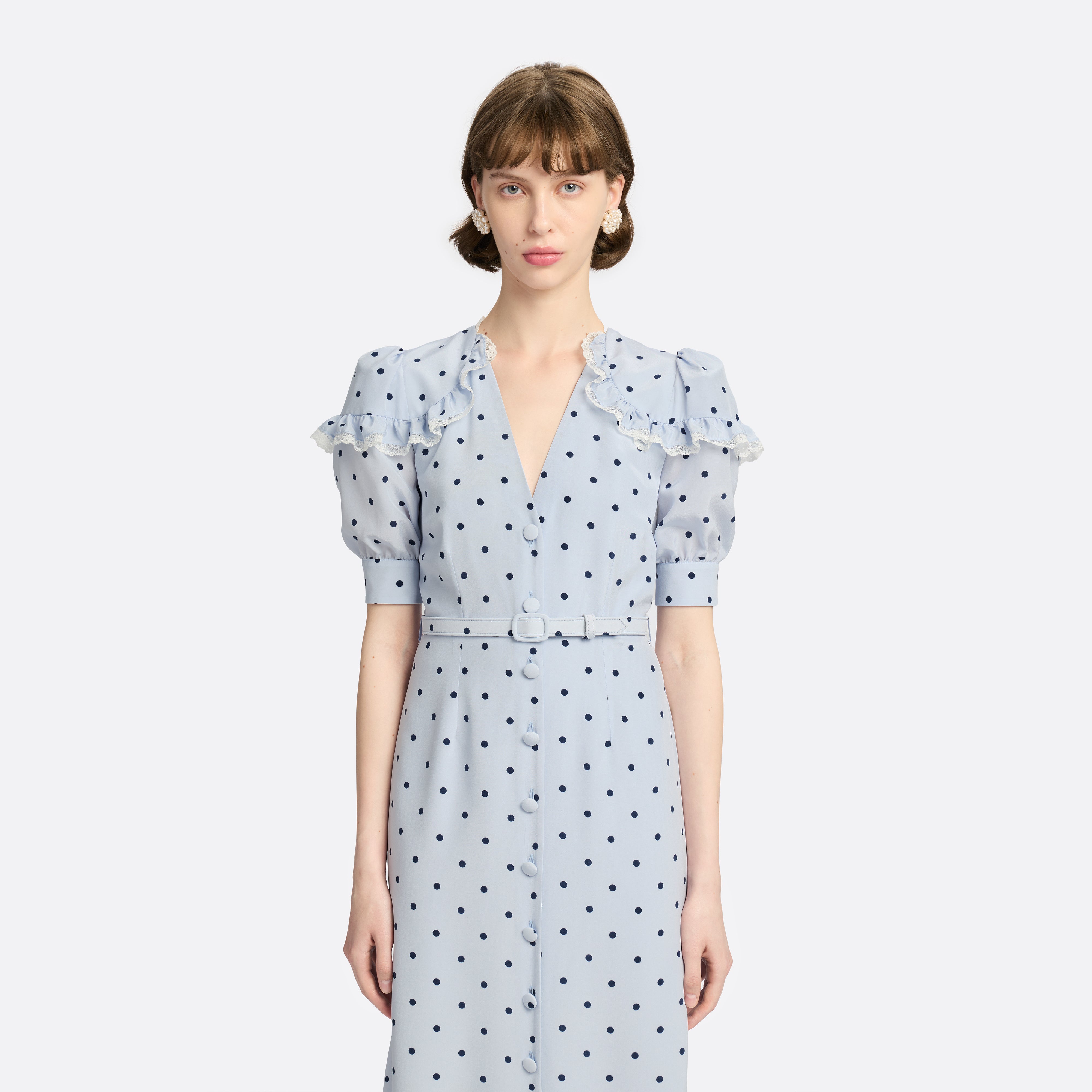 Alessandra Rich Polka-Dot Midi Dress robe bleu pois soie