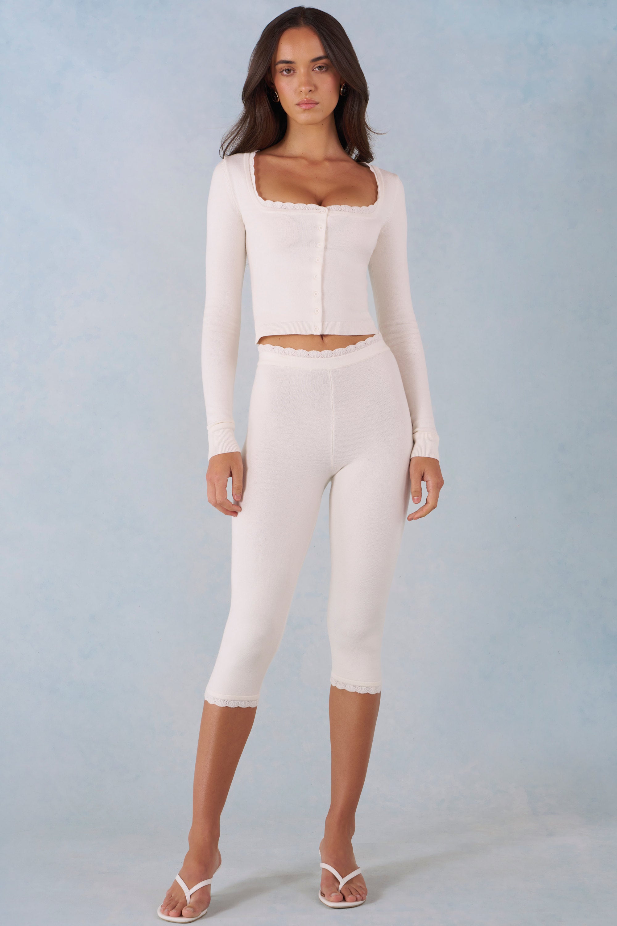 Oh Polly Selene Pantalon Capri Maille Ivoire Taille Mi-Haute