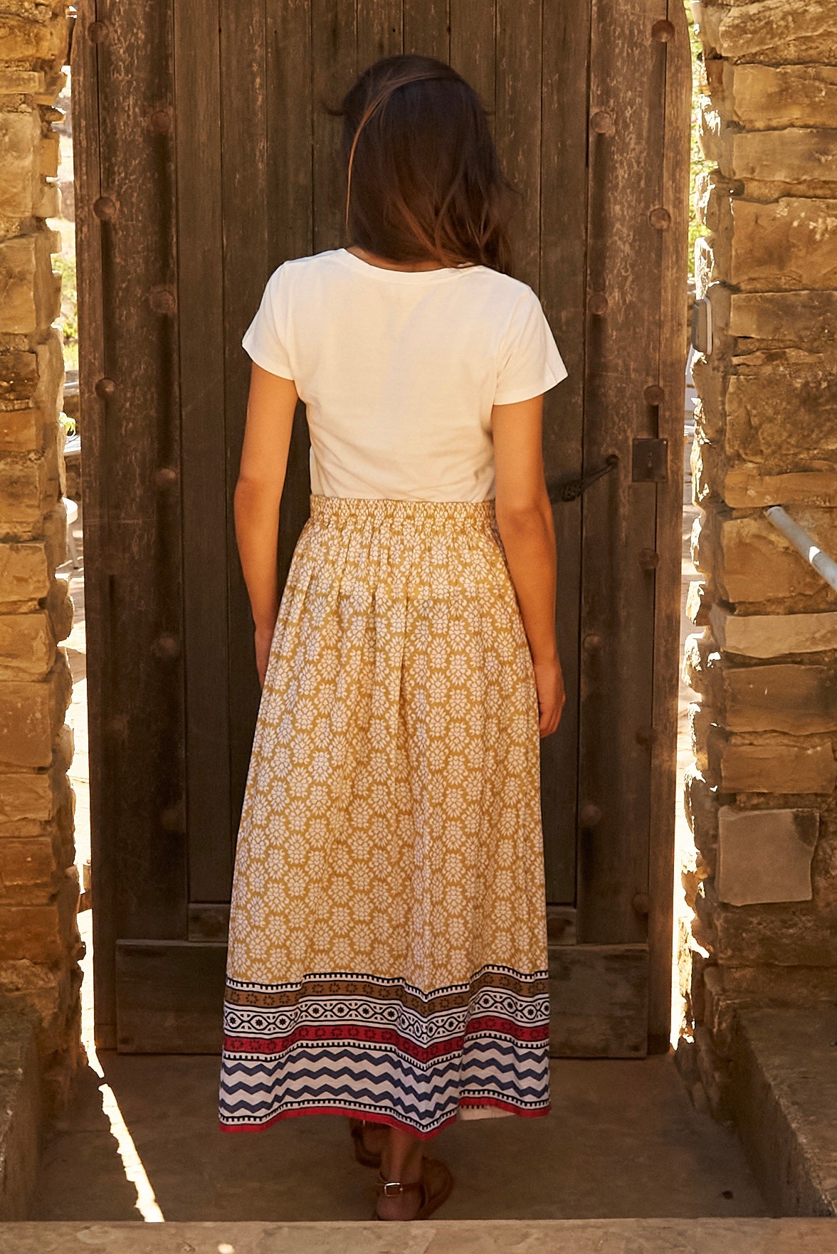 Chicosoleil Minette jupe longue batik moutarde coton