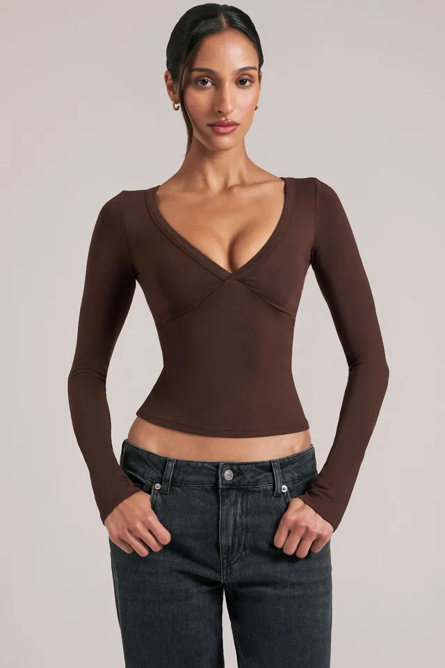 Oh Polly haut col V manches longues chocolate brown modal