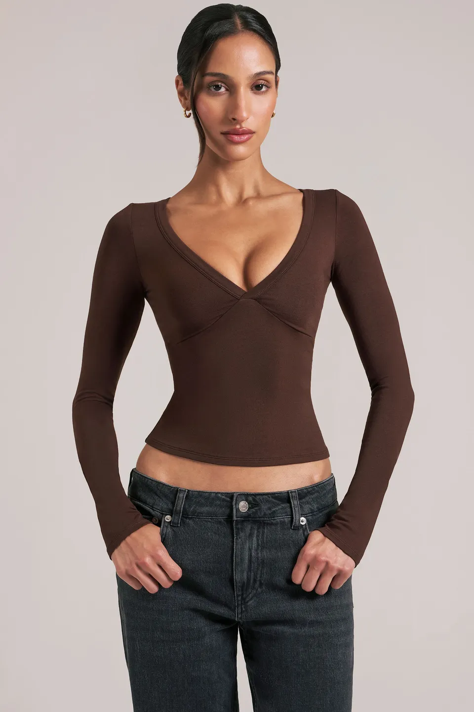 Oh Polly haut col V manches longues chocolate brown modal
