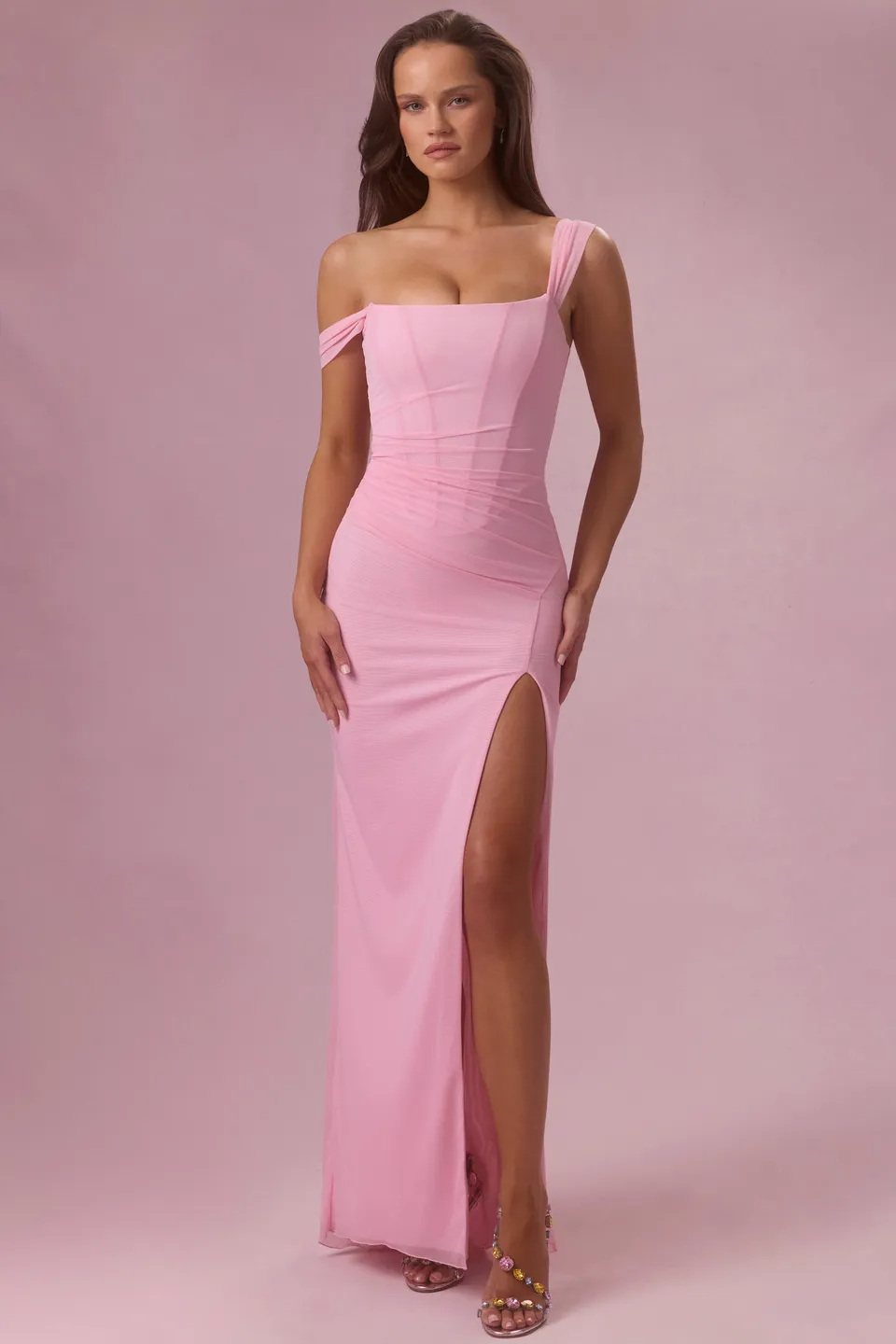 Oh Polly Naelle robe corset longue rose mesh fendue
