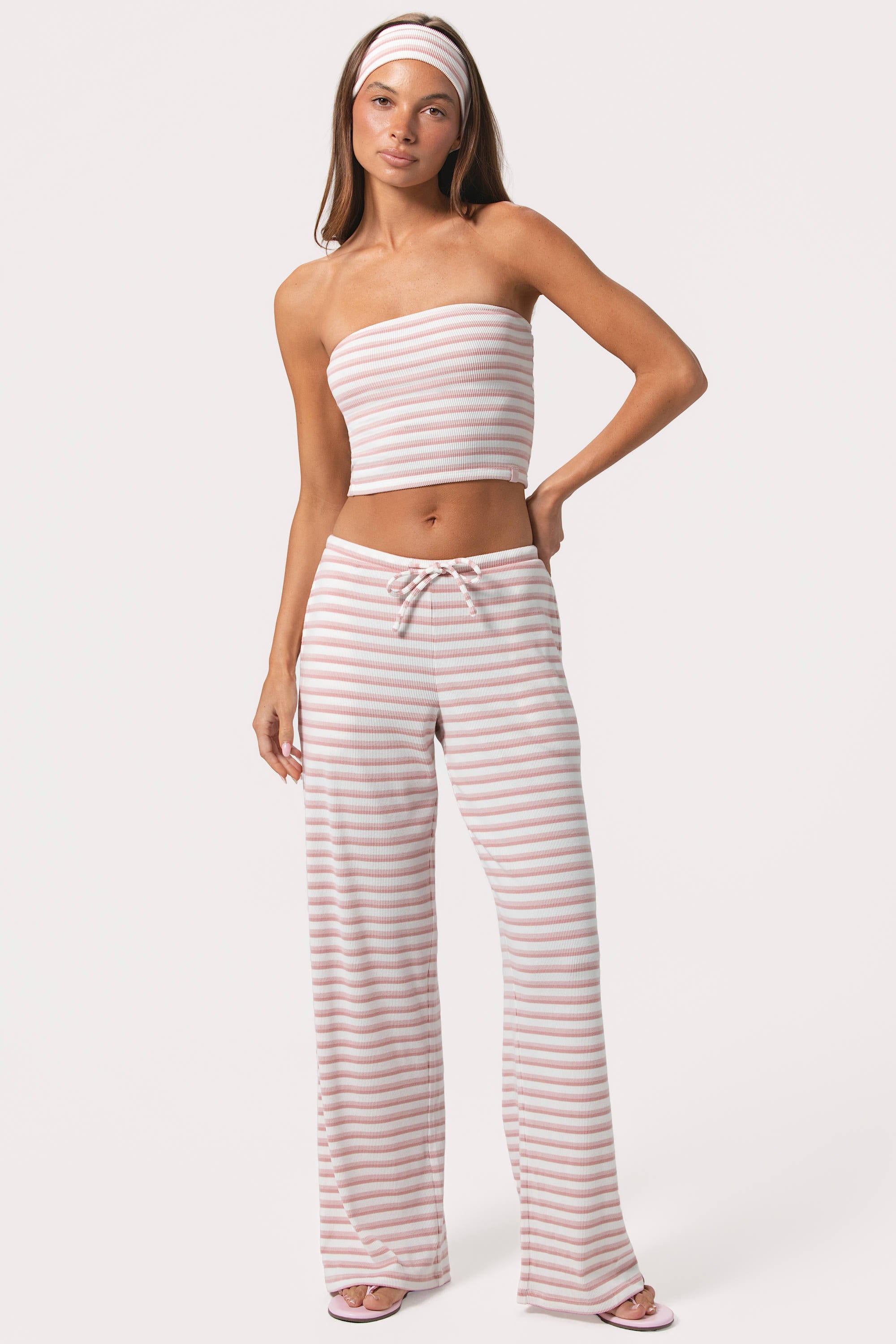 Oh Polly Ribbed Jersey Low-Rise Pantalon Rose Rayé Taille Basse