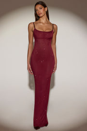Oh Polly Embellished Celandine robe maxi bordeaux dos nu strass