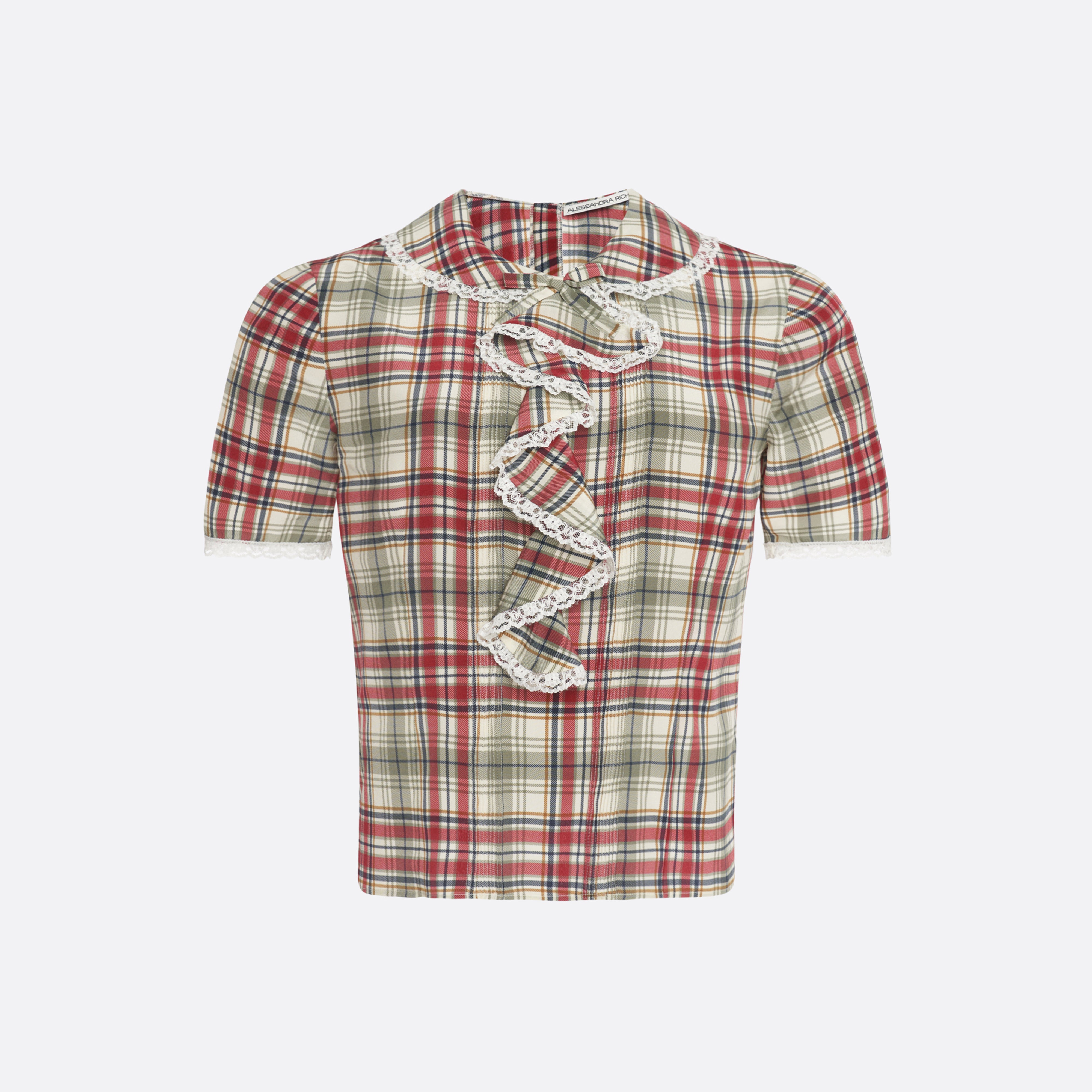 Alessandra Rich Tartan Silk Short Sleeve Blouse chemisier soie 40