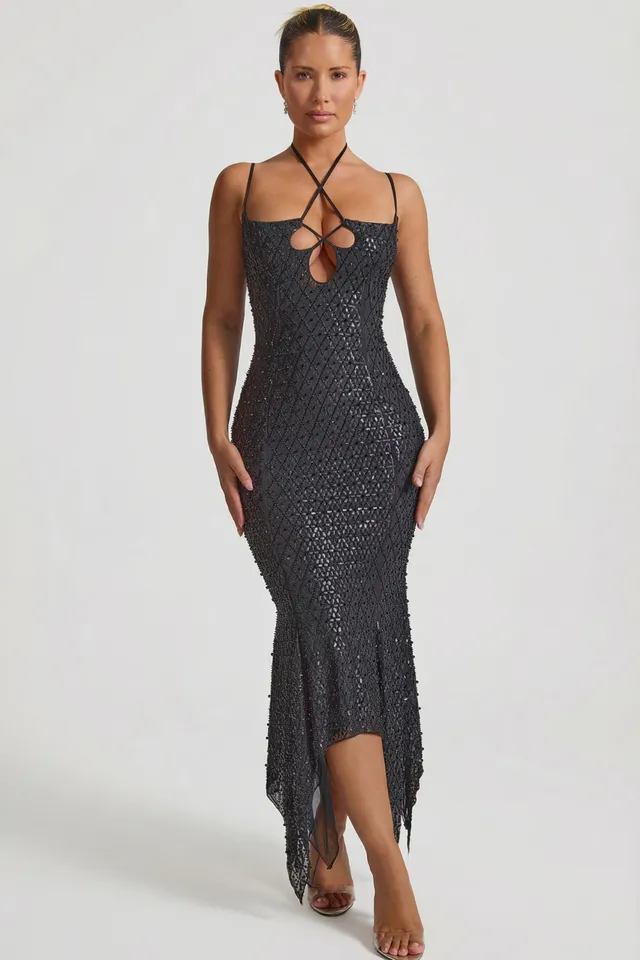 Oh Polly Josephine Robe Midaxi Noire strass asymétrique