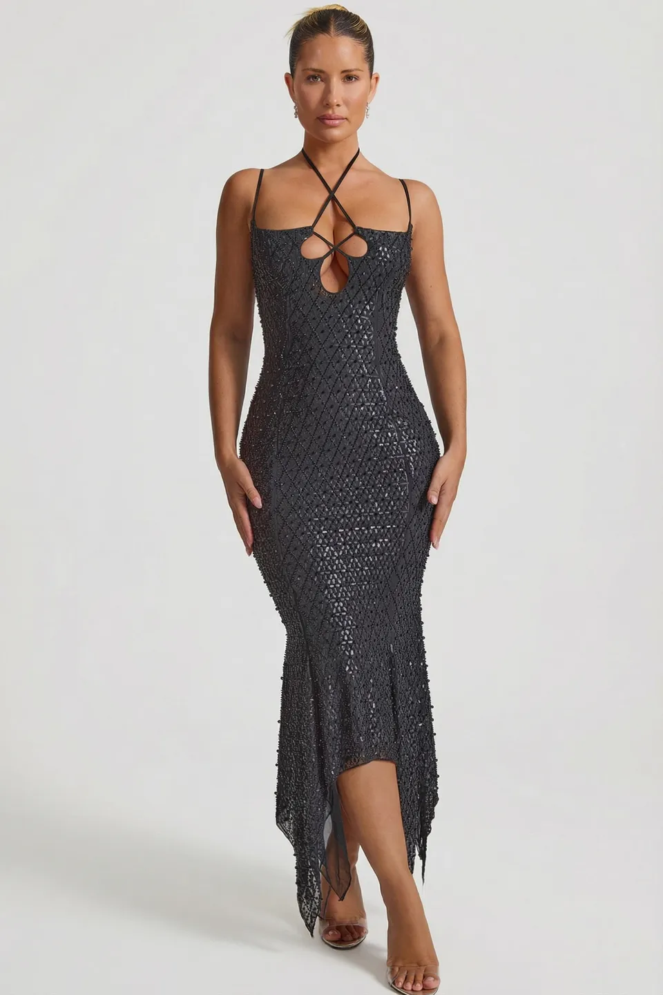Oh Polly Josephine Robe Midaxi Noire strass asymétrique