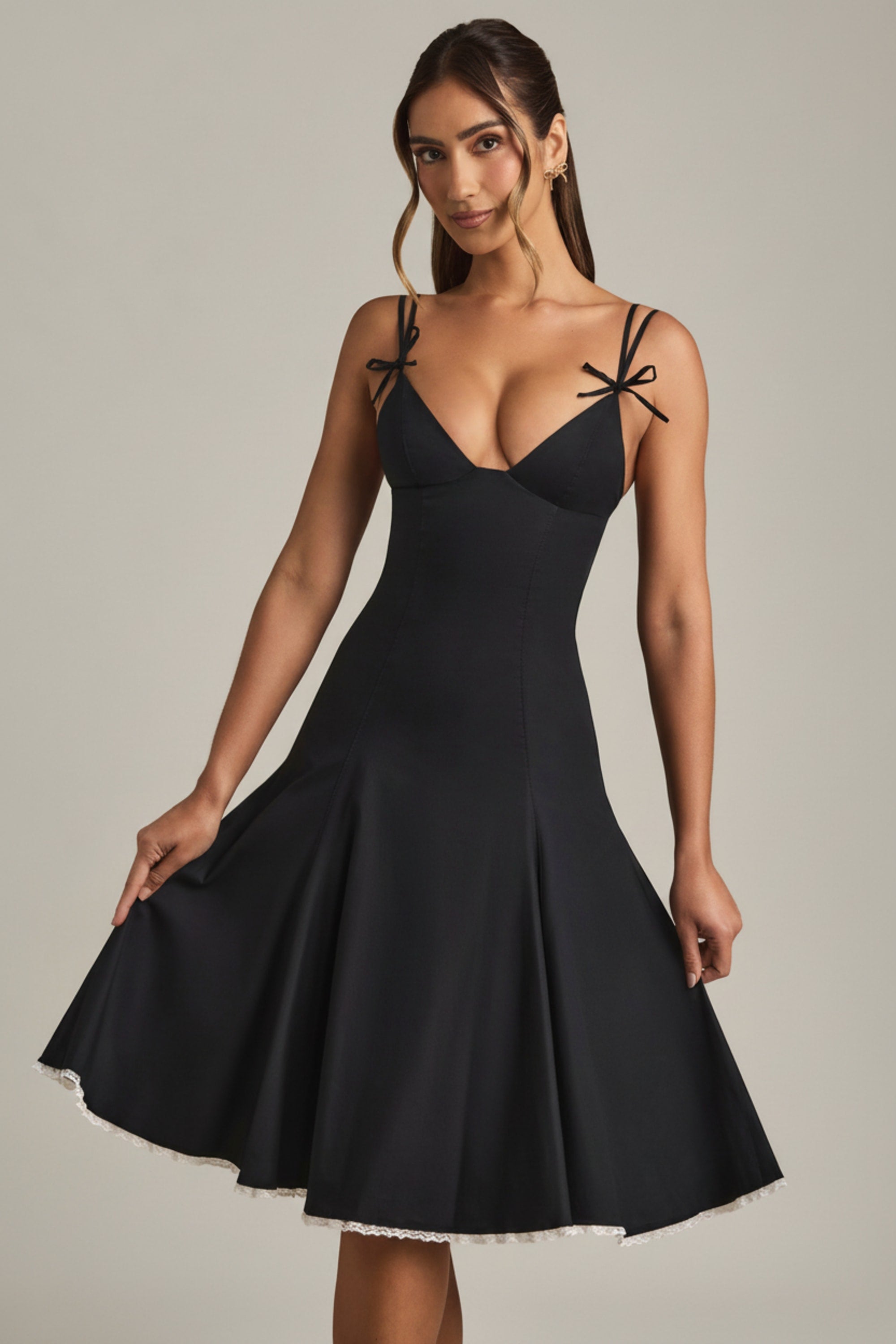 Oh Polly Mallory robe midi noire à nœuds coton