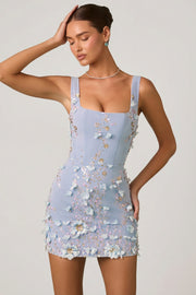 Oh Polly Briar Appliqué Corset Mini robe satin bleu ciel fleurs