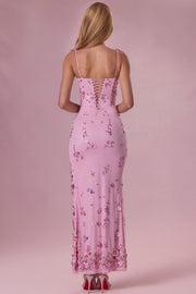 Oh Polly Primara robe maxi corset rose bonbon brodée