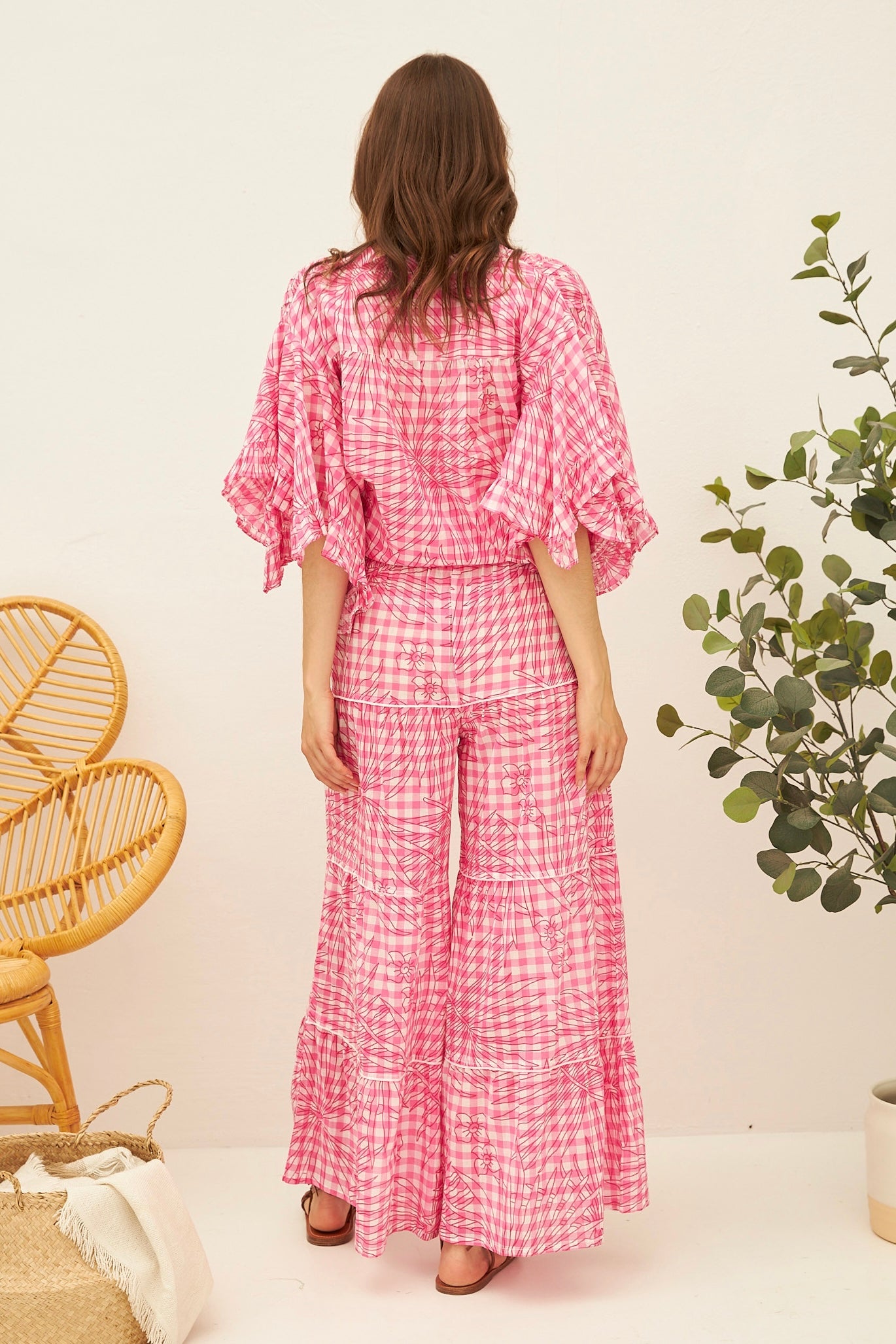Chicosoleil Barclay pantalon large vichy bohème rose coton