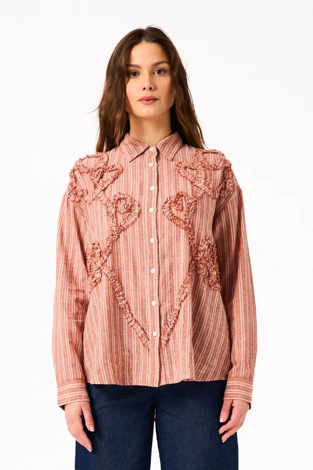 Chicosoleil Tops Junko chemise beige rayures Handloom