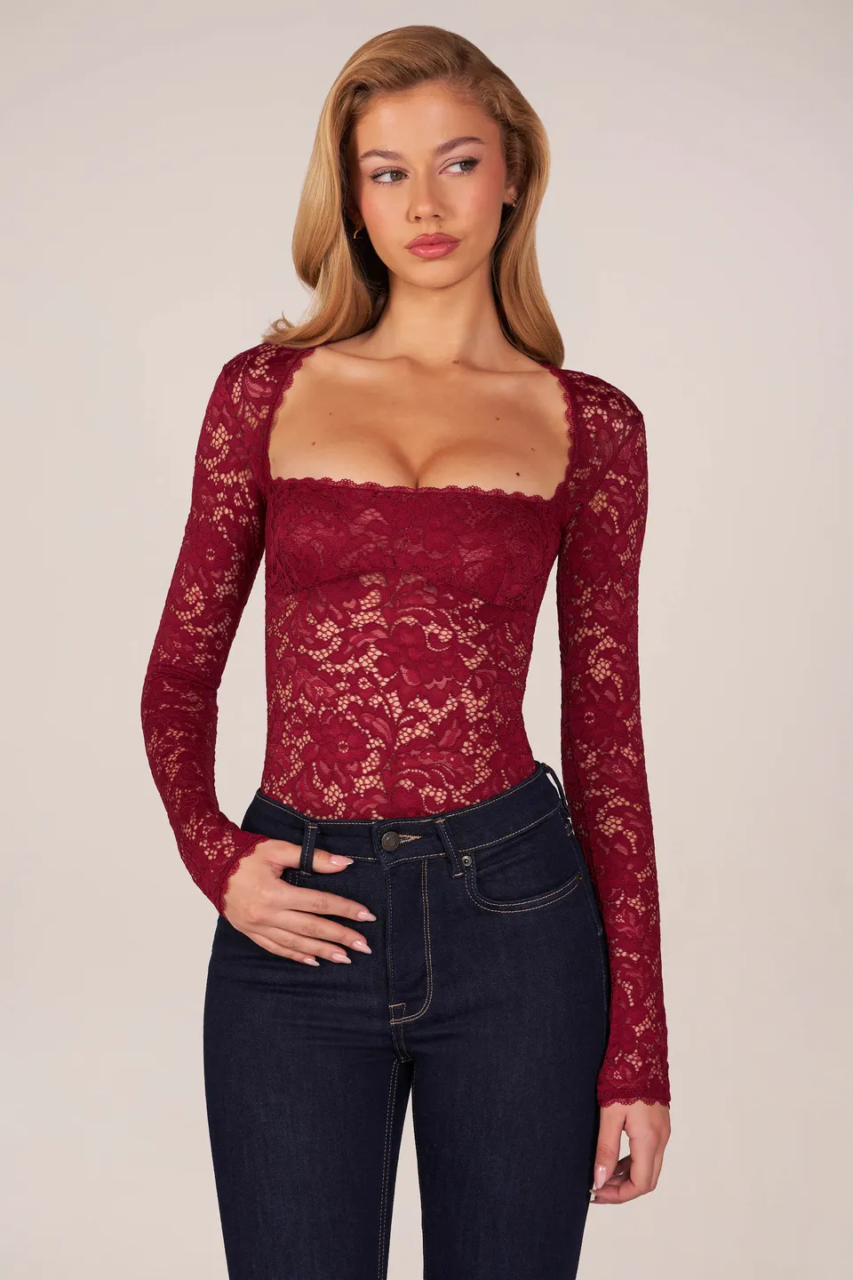 Oh Polly Bodysuits Body Letizia Bordeaux Dentelle Col Carré